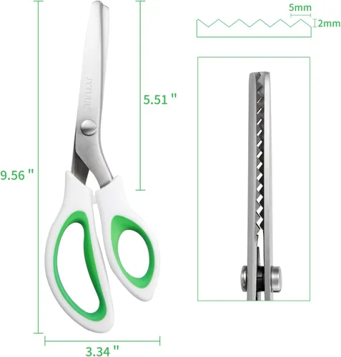 Miniatura 2 de Tijeras de tinta verde de 9.5 pulgadas, tijeras de acero inoxidable afiladas para manualidades en zigzag para tela, papel y cuero, agarre cómodo
