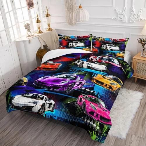 Miniatura 12 de AILONEN Juego de edredón de camión tamaño individual, juego de ropa de cama con temática de camión monstruo 3D sobre fondo azul, para niños y niñas