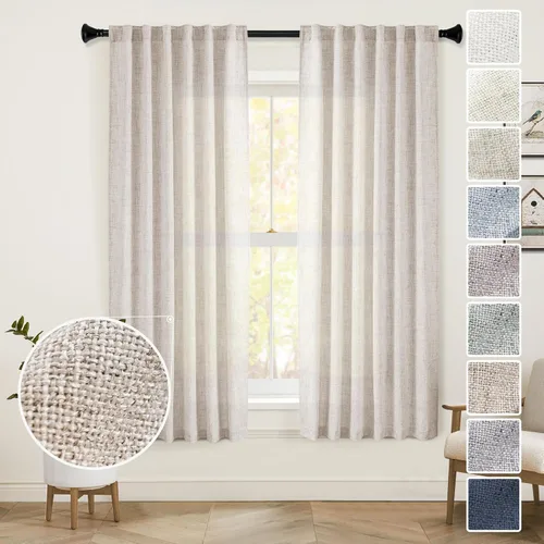 Miniatura 47 de Cortinas de lino 92 pulgadas de largo, juego de 2 paneles con bolsillo para barra, lengüeta trasera, cortinas transparentes para ventanas