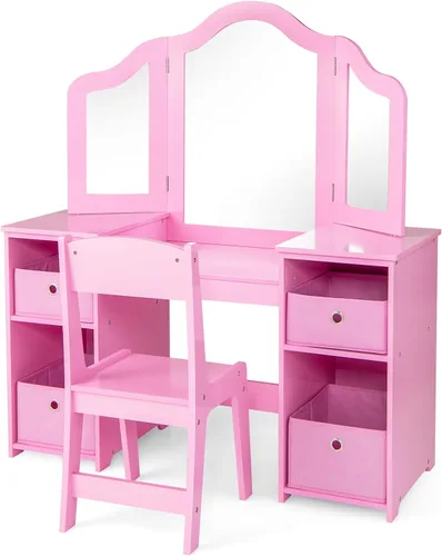 Miniatura 9 de Costzon Tocador para Niños, Juego de Escritorio y Silla de Maquillaje de Princesa 2 en 1 con Espejo Tri-Plegable, 4 Cubos de Almacenamiento, Mesa
