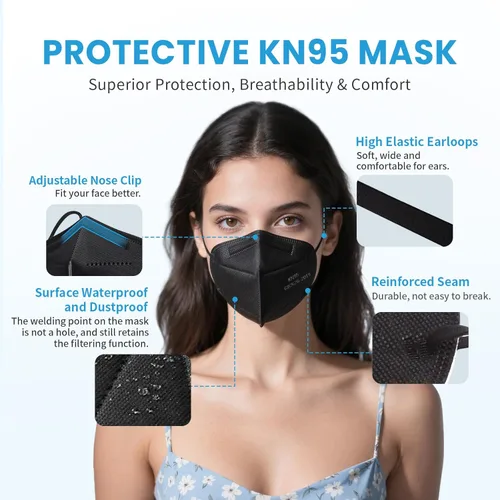Miniatura 5 de akgk Mascarilla KN95 de 50 unidades, mascarillas de protección transpirable, mascarillas KN95 negras de 5 capas, máscaras de seguridad contra