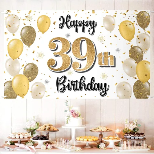 Miniatura 30 de Decoraciones de Feliz Cumpleaños 100, Globo Dorado Grande 100 Pancarta de Cumpleaños Telón de Fondo Letrero - Salud por 100 Años Suministros