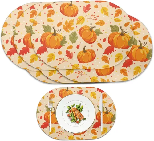 Miniatura 48 de Non Slip Placemats Set of 6 Pumpkin Mushroom Theme Waterproof Wipeable Faux Leather for Thanksgiving Family Feast Heat Resistant Dining Table Mats