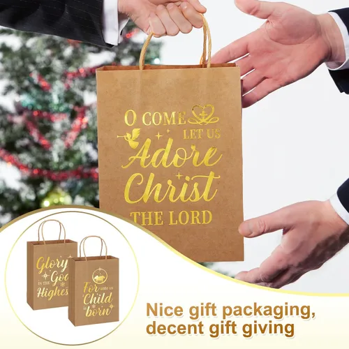 Miniatura 5 de Yeaqee 36 bolsas de papel kraft de Navidad, bolsas de regalo metálicas doradas religiosas con asas para envolver, 6 1/2 x 3 1/4 x 9 pulgadas