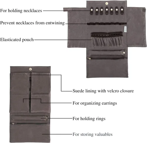 Miniatura 3 de Becko - Organizador de joyas para múltiples collares anillos pulseras de piel flexible y gamuza gran capacidad sin arrugas ligero portátil