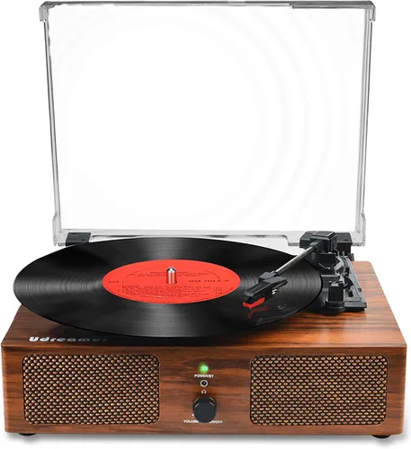 Tocadiscos de vinilo inalámbrico Udreamer con altavoces integrados y USB, fonógrafo vintage con transmisión por correa de 3 velocidades para