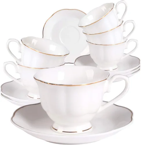 Guangyang Juego de 12 tazas y platillos de porcelana fina de 2.5 onzas, juego de 6 tazas de café turco para doble color blanco espresso con ribete