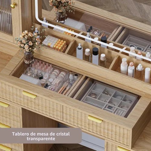 Miniatura 4 de Escritorio de maquillaje estriado con espejo y luces, tocador superior de cristal de 55 pulgadas con 8 cajones y 4 gabinetes de vidrio RGB, estantes