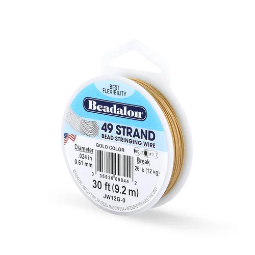 Miniatura 24 de Beadalon Alambre de cuerda de cuentas de acero inoxidable de 49 hebras, 0.024 pulgadas / 0.024 in, oro satinado, 30 pies / 30.2 ft Dorado satinado