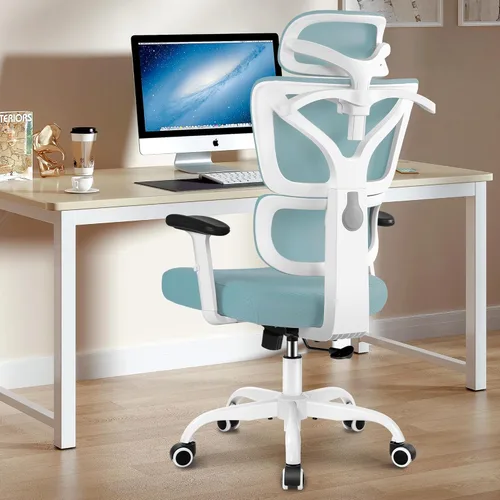 Miniatura 13 de Winrise Silla de oficina y juegos, silla de escritorio ergonómica reclinable con respaldo alto, grande y alta, cómoda oficina en casa, malla Blanco