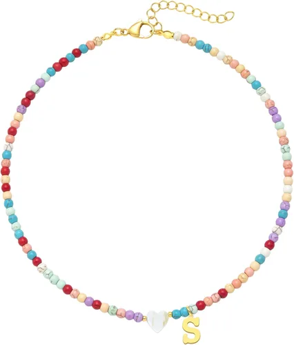 Collar de cuentas con inicial de oro colorido para mujer, hecho a mano, para niñas, de acero inoxidable con cuentas de colores, gargantilla de oro
