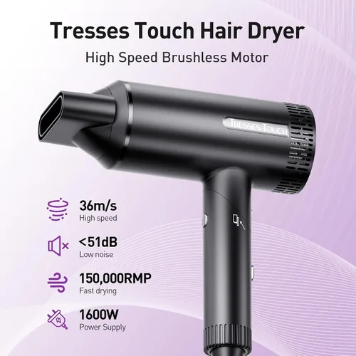 Miniatura 5 de Secador de pelo, secador iónico de alta velocidad, potente motor de 1600 vatios para secado rápido y cabello lacio y ondulado, plegable, ligero