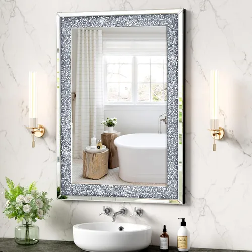 Miniatura 21 de Espejo Decorativo de Cristal - Rectángulo de 16 x 20 pulgadas, Precioso Espejo Plateado, Espejo de Diamante Triturado para Decoración de Pared