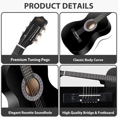 Miniatura 2 de Zeny Nueva Guitarra Acústica de 38 pulgadas para principiantes con funda para guitarra, correa, afinador y púa, Negro