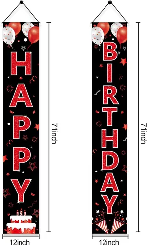 Miniatura 2 de Cartel de cumpleaños rojo y negro para puerta de cumpleaños para hombres y mujeres, letrero de feliz cumpleaños rojo y negro, suministros de fiesta
