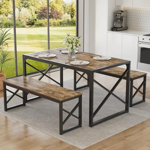 Miniatura 18 de VECELO Juego de mesa de comedor de cocina de 43.3 pulgadas para 4, marco de acero resistente y mesa de grano de madera, juegos de comedor que