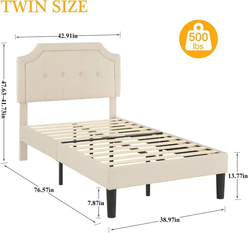 Miniatura 2 de VECELO Base de cama de plataforma de tamaño individual con cabecera tapizada de tela y soporte de listones de madera, no necesita somier/fácil Beige