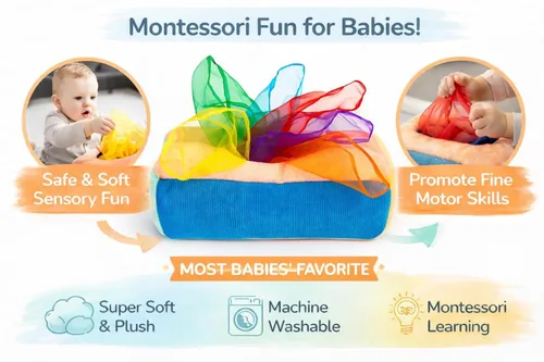 Miniatura 5 de Caja de pañuelos para bebé, juego Montessori para bebés y niños pequeños, caja texturizada sensorial con 12 bufandas coloridas a juego y 3 piezas