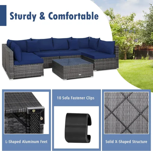 Miniatura 4 de Tangkula Juego de muebles de mimbre de patio de 7 piezas, juego de sofá modular de ratán para 6 personas con cojines de asiento y respaldo, 2 Azul