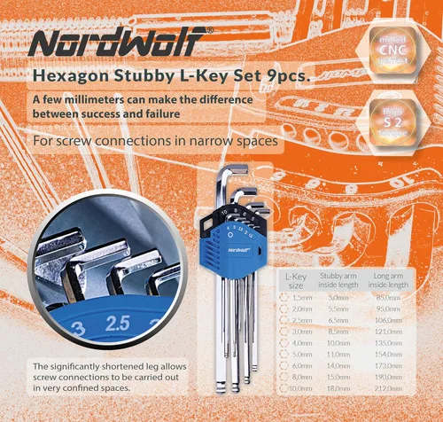 Miniatura 2 de NordWolf Juego de 9 llaves Allen métricas Stubby, llaves de brazo largo de acero S2 con extremo de bola hexagonal L, tamaños de 1,5 mm a 10 mm