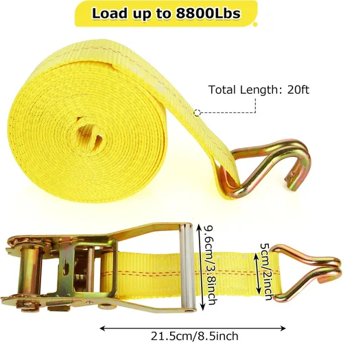 Miniatura 2 de Paquete de 4 correas de trinquete de 2 pulgadas, correas de amarre resistentes de 20 pies con doble gancho en J, resistencia a la rotura de 10,000