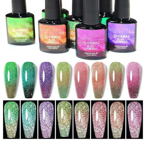Miniatura 7 de Esmalte de uñas de gel que cambia de color de temperatura, esmalte de gel con purpurina, diseño holográfico de camaleón, diseño de arte de uñas