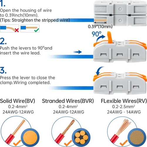 Miniatura 5 de 50 conectores de cable de palanca, 1 conductor compacto de empalme para circuito en línea 24-12 AWG (naranja)