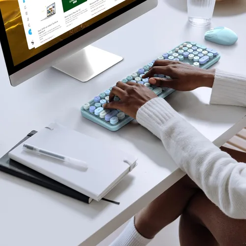 Miniatura 3 de KNOWSQT Combo de teclado y ratón inalámbrico, teclados lindos de tamaño completo estilo máquina de escribir 2.4G azul colorido - receptor USB Plug