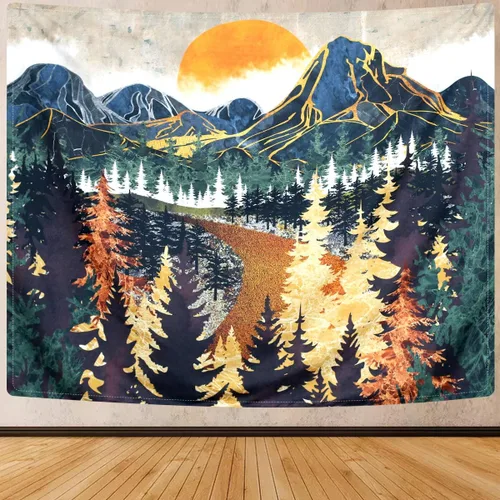 Miniatura 2 de SENYYI Tapiz colgante de pared de montaña, arte de árboles del bosque, puesta de sol, camino en la naturaleza, paisaje, decoración del hogar