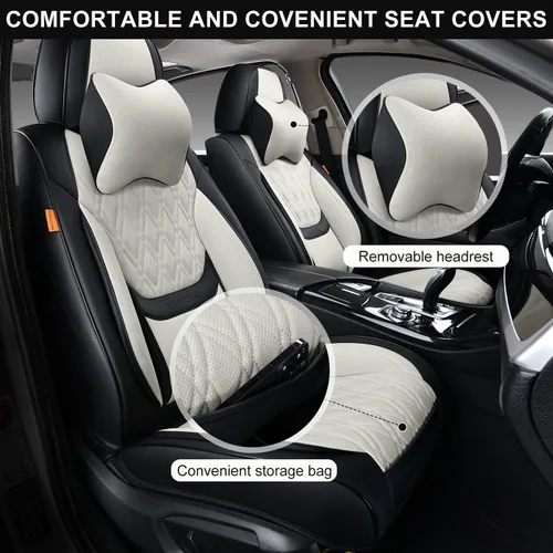 Miniatura 2 de Fundas de asiento delantero de automóvil, par de fundas de asiento delantero de cuero transpirable con reposacabezas, funda universal de asiento