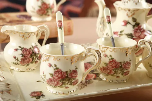Miniatura 3 de Tazas de té y platillos (rosa, 8 onzas), juego de tazas y platillos florales con cuchara, tazas de té vintage, juego de té de porcelana