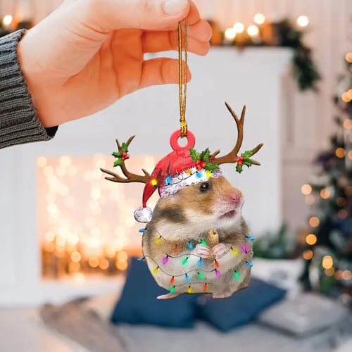 Miniatura 3 de Talataca Hámster con sombrero de Navidad, reno con cadena de luces 2D plano para espejo retrovisor para automóvil, accesorios para el árbol