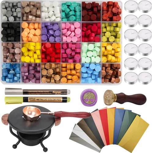 YIPLED - Kit de sellos de cera, 24 colores, 748 cuentas de cera de sellado con sello de cera, velas de té, calentador de sellos, cuchara derretida,