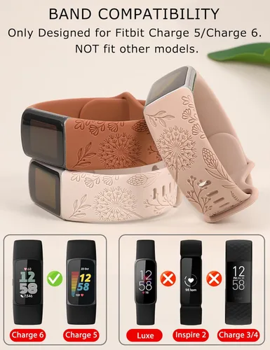 Miniatura 3 de Minyee Paquete de 3 bandas grabadas florales compatibles con Fitbit Charge 6 bandas/Fitbit Charge 5 bandas para mujer, lindo diseño de flores