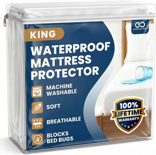 Everlasting Comfort Protector de colchón prémium tamaño Queen, impermeable e hipoalergénico, diseño silencioso, funda lavable, bolsillo profundo de