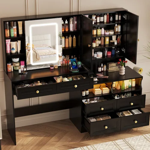 Miniatura 10 de Halitaa Escritorio grande de tocador de 58.6 pulgadas con espejo iluminado deslizante, mesa de tocador de maquillaje blanca y mesita de noche Combo