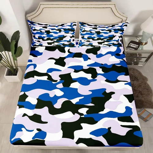 Miniatura 9 de Sábanas de camuflaje para niños, sábanas bajeras de camuflaje verde militar, juego de ropa de cama de camuflaje militar para niños, adolescentes
