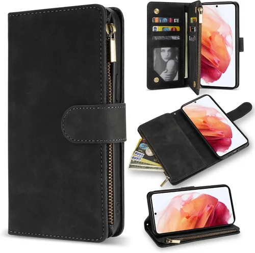 ZZXX Funda tipo cartera para Samsung Galaxy S21 con ranura para tarjetas, piel sintética suave de alta calidad, con cremallera, con correa para la