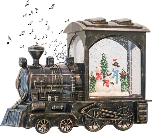 Miniatura 8 de GenSwin Linterna de globo de nieve con tren iluminado con música, nieve de agua, brillante, funciona con pilas, con temporizador, decoración musical
