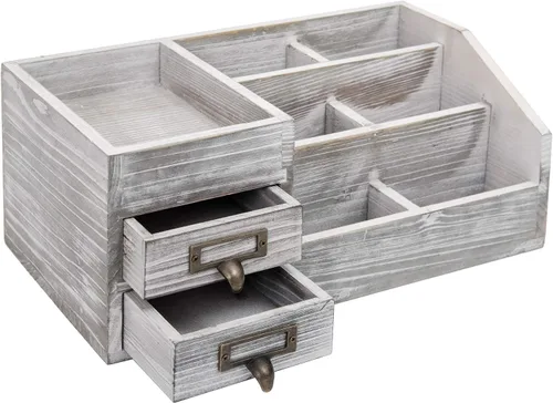 Miniatura 2 de Organizador de escritorio de oficina de madera rústica envejecida, estante de madera, organizador de mesa para el hogar, almacenamiento con Gris