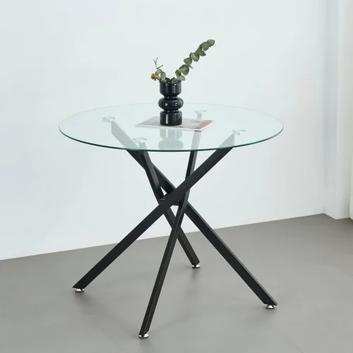 Mesa de comedor redonda de 36 pulgadas para 4, mesa de comedor contemporánea de vidrio templado, mesa de comedor pequeña con base de metal de cruz