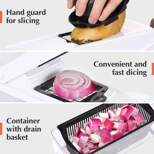Miniatura 6 de KEOUKE Cortador de verduras de mandolina pro - Cortador de alimentos con 16 cuchillas intercambiables con recipiente, protector manual y escurridor