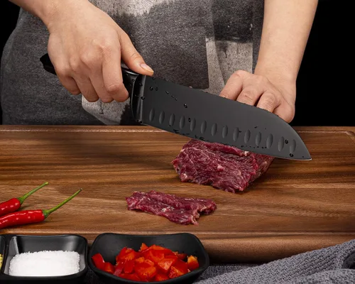 Miniatura 5 de WELLSTAR Santoku Cuchillo de cocina de 7 pulgadas, afilado estilo japonés con hoja de acero inoxidable de alto carbono, negro