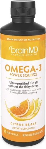 BRAINMD Dr Amen Omega-3 Power Squeeze, Citrus Blast - 16.8 oz - Aceite de pescado - Apoya la salud cardiovascular, cerebral y del sistema
