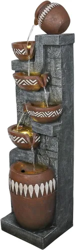 Miniatura 5 de Fuente de agua para exteriores de 6 niveles de 56.6 pulgadas de alto con luces LED, tarros en cascada con diseño inspirado en tribales para jardín