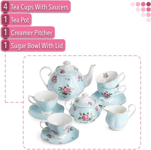 Miniatura 2 de BTaT - Juego de té floral para adultos, 13 piezas, servicio para 4, olla (38 onzas) y tazas (8 onzas) con platillos, diseño floral azul pastel