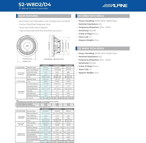 Miniatura 7 de Alpine S2-W8D2 - Subwoofer dual para automóvil de 2 ohmios de 8 pulgadas, 900 W máximo, 300 W RMS