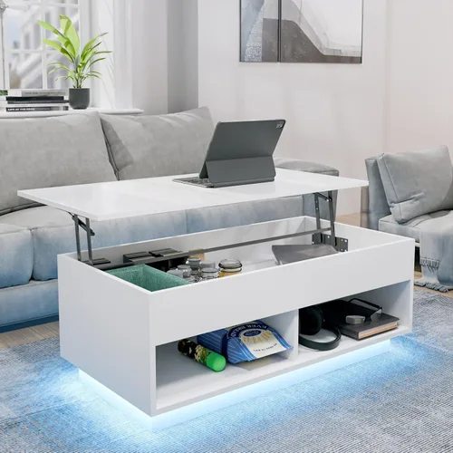 Miniatura 11 de HOMMPA - Mesa de café con tapa elevable de 40" con almacenamiento, mesa de centro LED moderna de alto brillo para sala de estar, mesa de té moderna