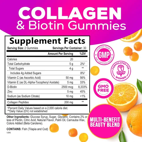 Miniatura 2 de Gomitas de colágeno – 2500 mcg de biotina por porción – Suplemento completo de colágeno con péptidos hidrolizados tipo I y III, biotina, zinc