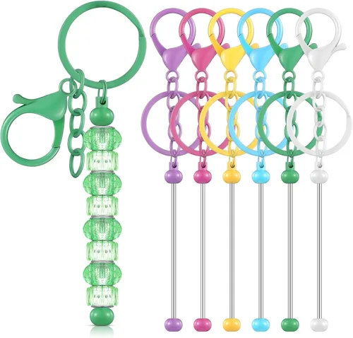 Huwena 6 piezas de llaveros con cuentas, barras en blanco, llavero de cuentas de metal para colgante, manualidades, joyería, regalo Colores
